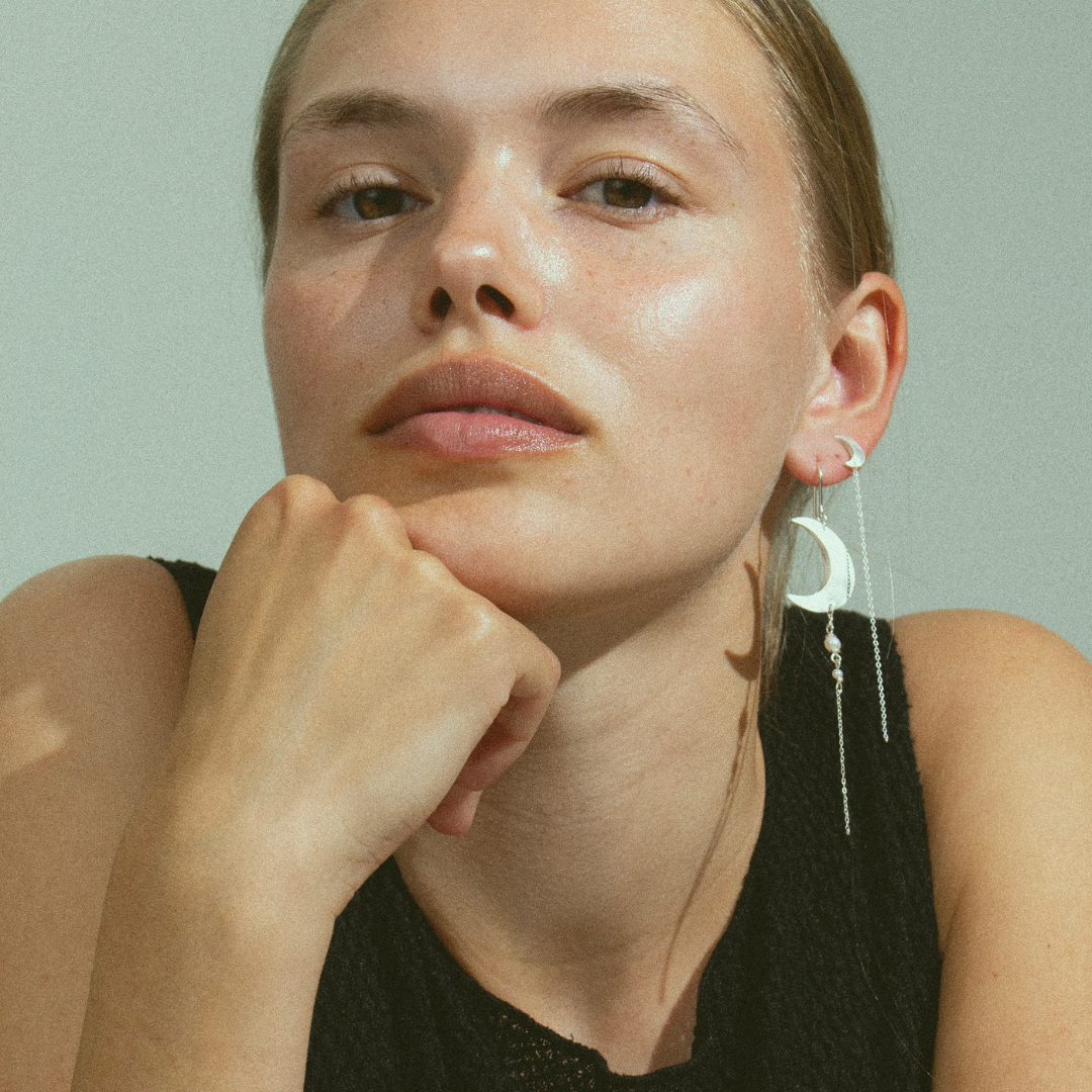 Half Moon Earring with pearl chain